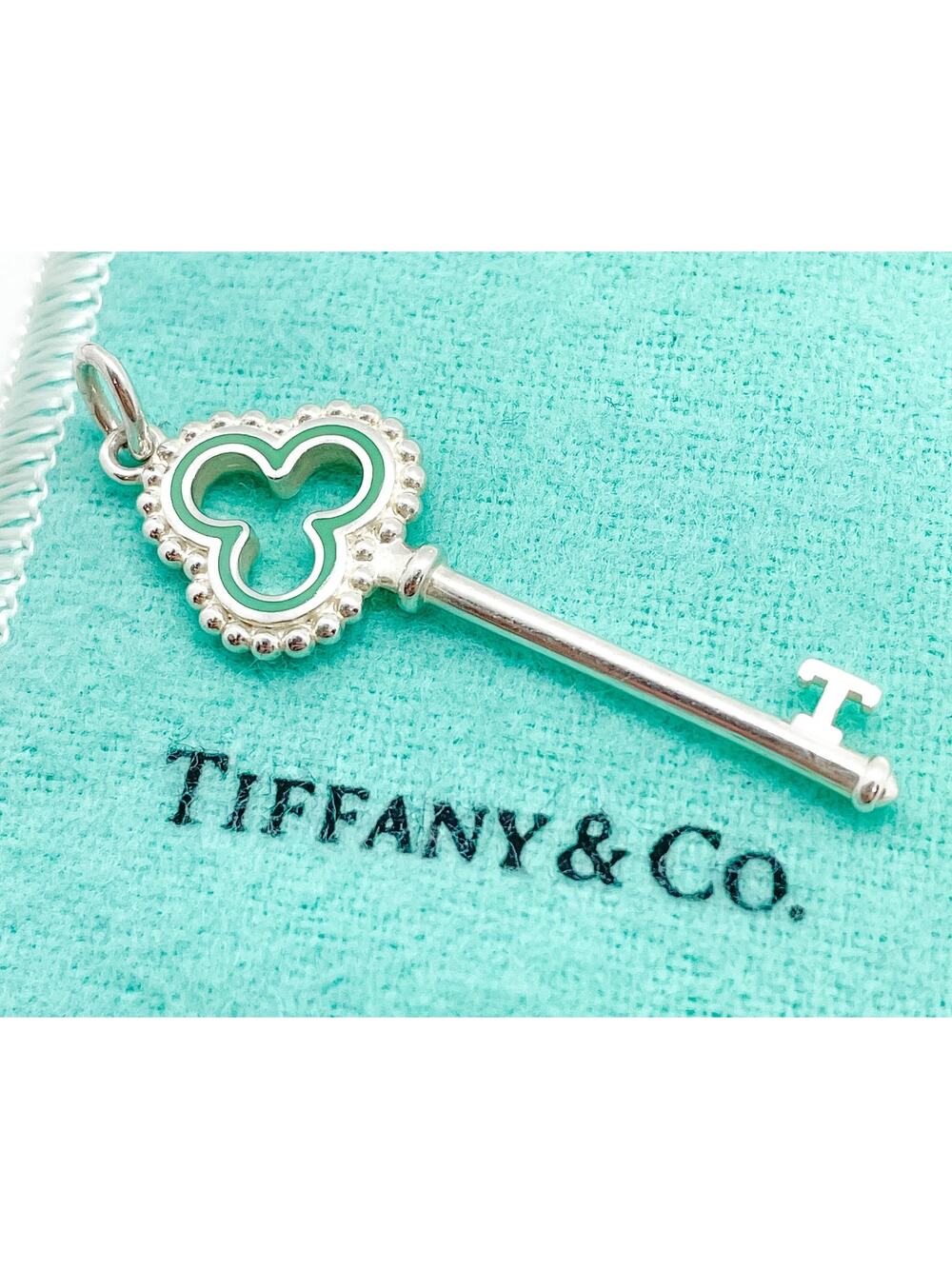 Tiffany & Co. Blue Enamel Beaded Trefoil Key Charm Pendant Sterling Silver 1.6"